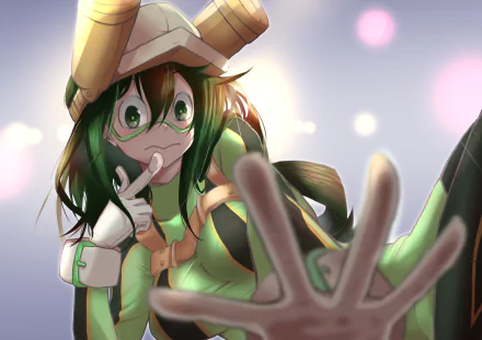 Tsuyu Asui from the anime My Hero Academia in her green frog hero suit reaching toward the viewer with a playful expression — 5K Ultra HD PC desktop wallpaper.