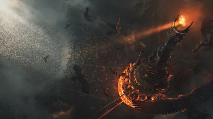 A high-definition desktop wallpaper featuring Mordor from The Lord of the Rings. The image shows a dark, fiery tower surrounded by ominous skies and flying creatures, capturing the essence of fantasy.