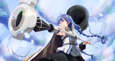 Roxy Migurdia from Mushoku Tensei: Jobless Reincarnation is depicted in vibrant anime style, aiming a large magical staff against a snowy, dynamic background, rendered in 4K Ultra HD.
