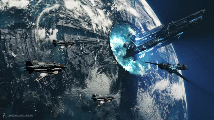 A stunning sci-fi HD wallpaper featuring a planet, surrounded by spacecraft, with a futuristic structure emitting blue energy, set against a starry backdrop.