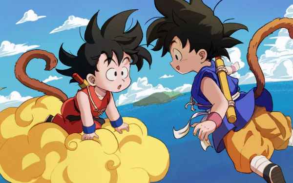 4K Ultra HD Dragon Ball GT wallpaper featuring young Goku in anime style, flying on a yellow cloud against a bright blue sky with mountains and water below.