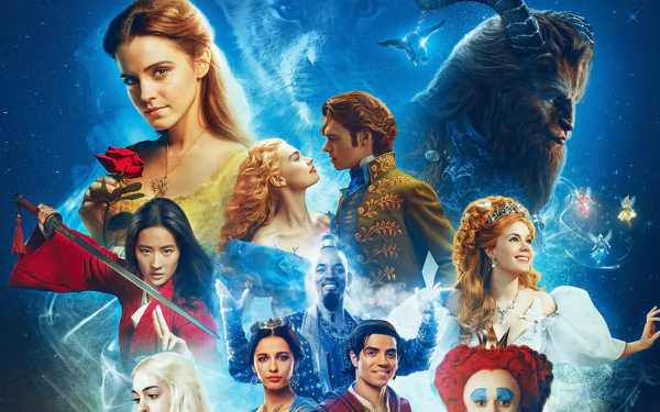 HD PC desktop wallpaper featuring a vibrant collage of Disney movie characters against a magical blue background.