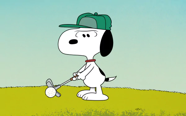 Snoopy from the TV show The Snoopy Show swings a golf club on a grassy hill, 4K Ultra HD PC desktop wallpaper/background.