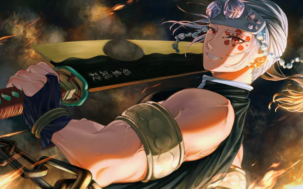 HD anime wallpaper featuring Tengen Uzui from Demon Slayer: Kimetsu no Yaiba, showcasing his confident pose with a sword against a fiery background.