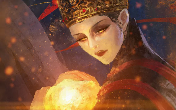 Rennala, Queen of the Full Moon from the video game Elden Ring, portrait holding a glowing orb — 2K Quad HD PC desktop wallpaper background.