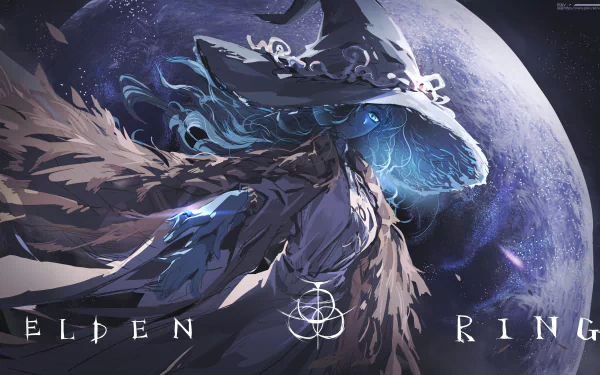 HD desktop wallpaper featuring Ranni the Witch from the video game Elden Ring, set against a cosmic background.