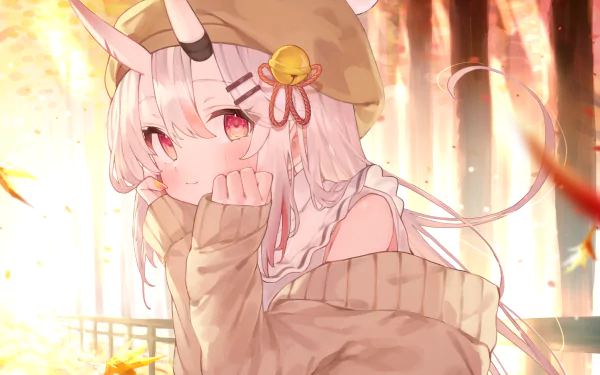 Nakiri Ayame (hololive Virtual YouTuber) winks in a cozy off-shoulder sweater amid golden autumn leaves, anime 2K Quad HD PC desktop wallpaper/background.