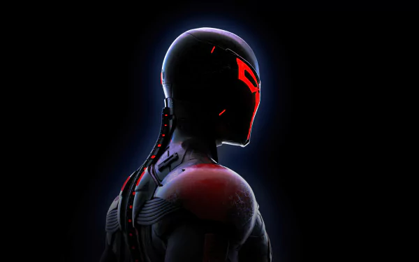 A striking 8K Ultra HD PC wallpaper featuring a dark, futuristic Spider-Man 2099 comic character with glowing red eyes and intricate suit details against a black background.