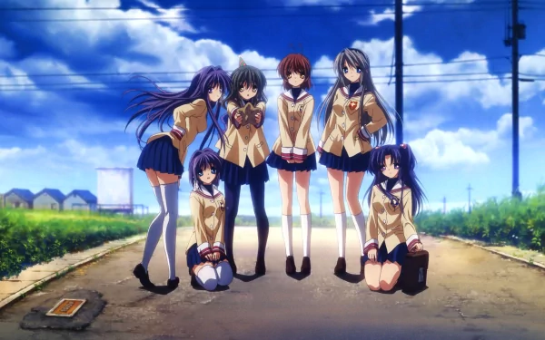 HD PC desktop wallpaper featuring Fuuko Ibuki, Nagisa Furukawa, Kyou Fujibayashi, Ryou Fujibayashi, Kotomi Ichinose, and Tomoyo Sakagami from the anime Clannad.