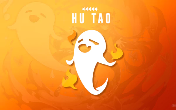 8K Ultra HD PC desktop wallpaper of Hu Tao from the video game Genshin Impact: stylized white ghost emblem with small orange flames on a warm orange background.