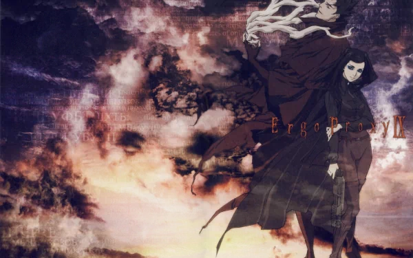A dramatic 4K Ultra HD image featuring characters from the anime Ergo Proxy, set against a mystical backdrop of swirling clouds and vibrant colors. A striking desktop wallpaper.