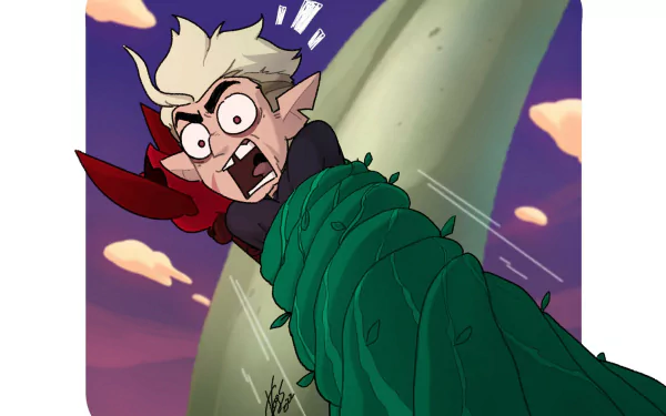 HD PC desktop wallpaper of Hunter from the TV show The Owl House, showing him wrapped in green vines with a shocked expression against a colorful sky background.