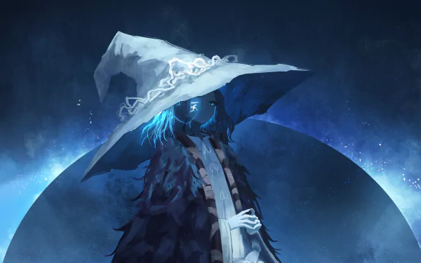 HD desktop wallpaper of Ranni the Witch from the video game Elden Ring, featuring a mysterious figure in a wide-brimmed hat with glowing blue accents against a dark, ethereal background.