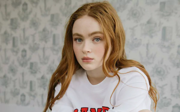 HD PC desktop wallpaper: redheaded young woman with long hair and blue‑green eyes in a white sweatshirt, pale skin and neutral gaze against a soft gray patterned background.