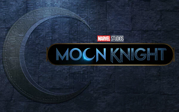 Moon Knight TV show logo on a textured stone wall with a crescent moon emblem — 4K Ultra HD PC desktop wallpaper/background.
