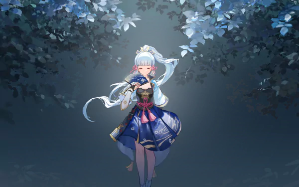 HD desktop wallpaper featuring Kamisato Ayaka from the video game Genshin Impact, standing gracefully amidst a serene, leafy backdrop.