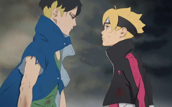 Boruto Uzumaki and Kawaki (Boruto) face off beneath storm clouds — anime 4K Ultra HD PC desktop wallpaper.