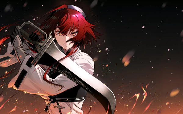 HD desktop wallpaper featuring Eris Boreas Greyrat from the anime Mushoku Tensei: Jobless Reincarnation, wielding a large sword against a fiery dark background.