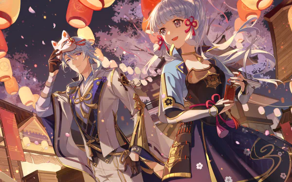 4K Ultra HD PC wallpaper featuring Kamisato Ayato and Kamisato Ayaka from the video game Genshin Impact in a vibrant festival setting with lanterns and cherry blossoms.