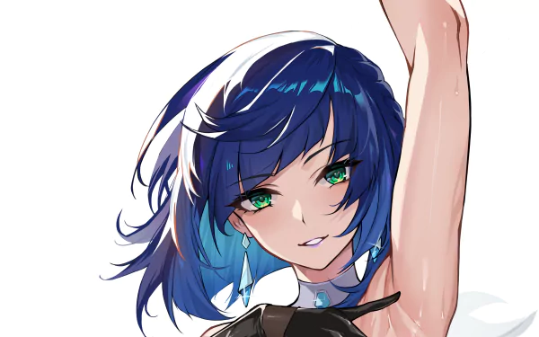 HD PC desktop wallpaper featuring Yelan from the video game Genshin Impact with her striking blue hair and green eyes.