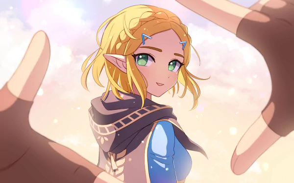 HD PC desktop wallpaper featuring Princess Zelda from the video game The Legend of Zelda: Breath of the Wild, depicted with green eyes and blonde hair against a soft pastel sky.