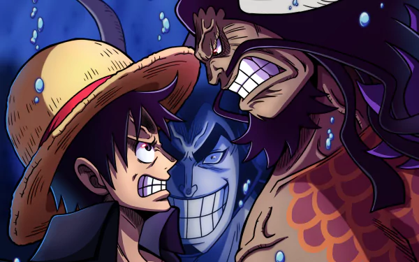 HD PC desktop wallpaper from One Piece: anime showdown — Monkey D. Luffy and Kaido clash face-to-face in an intense Luffy vs Kaido standoff.