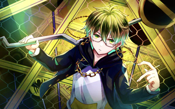HD PC desktop wallpaper/background of Nijisanji virtual YouTuber Ike Eveland — anime-style, green-haired, glasses-wearing character in a black hoodie wielding chains and a metal rod against a gold-green geometric backdrop.