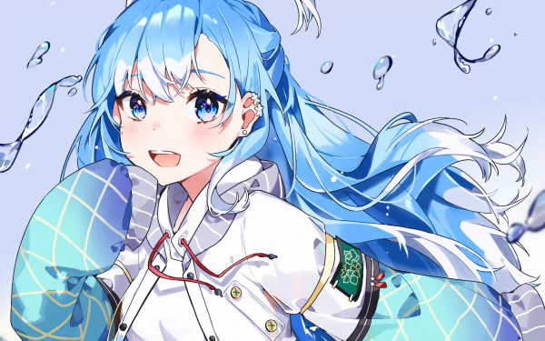 HD PC desktop wallpaper featuring hololive Virtual YouTuber Kobo Kanaeru — anime-style blue-haired girl with flowing hair and water droplets on a pastel background.