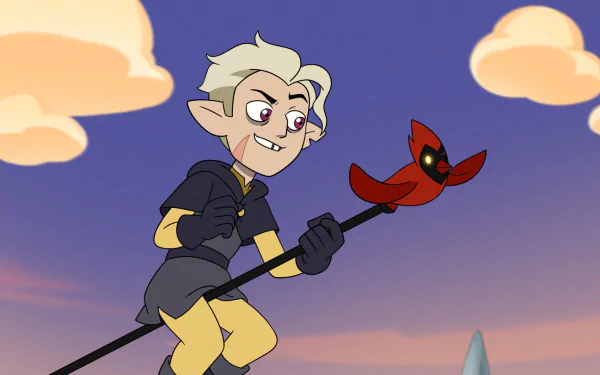 HD PC desktop wallpaper of Hunter (The Owl House) grinning as he wields his red Flapjack staff against a pastel sunset sky — TV show The Owl House