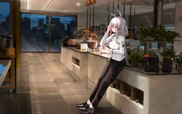 Savage (Arknights) leans on a modern kitchen counter with a drink, city skyline through the window — 4K Ultra HD PC desktop wallpaper/background, video game art from Arknights.