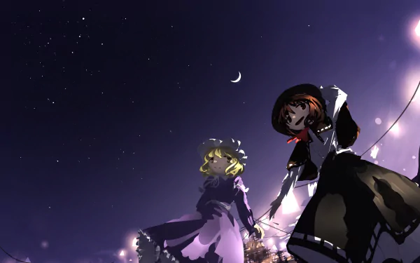 HD anime desktop wallpaper featuring Renko Usami and Maribel Hearn from Touhou under a crescent moon and starry night sky.