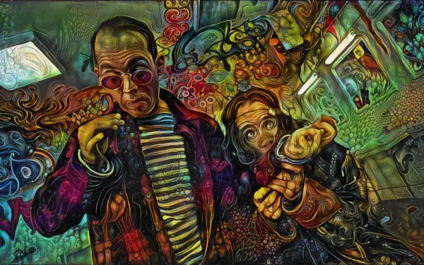 Artistic psychedelic 4K Ultra HD desktop wallpaper and background: two surreal figures reaching forward amid swirling neon patterns and warped geometric interiors, vivid colors and dreamlike textures