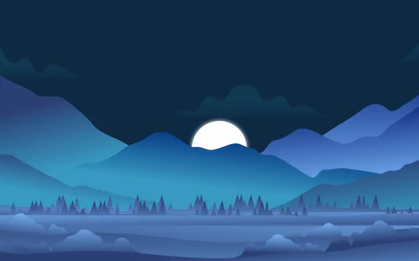 Minimalist artistic night landscape with a glowing full moon rising over layered blue mountains and a foggy forest, rendered in stunning 8K Ultra HD for PC desktops.