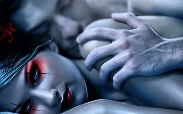 A dark fantasy-themed HD wallpaper featuring a close-up of a mysterious couple, with striking facial features and evocative colors that create an intense and atmospheric mood.