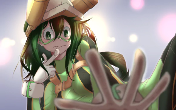 Tsuyu Asui from the anime My Hero Academia in her green frog hero suit reaching toward the viewer with a playful expression — 5K Ultra HD PC desktop wallpaper.