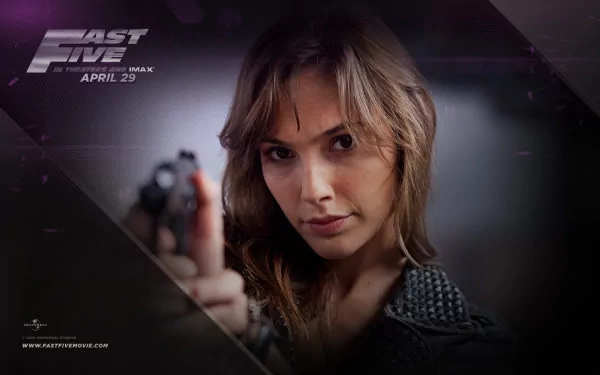 HD desktop wallpaper of Gal Gadot as Gisele Harabo from the movie Fast Five, featuring her pointing a gun with a determined expression. The Fast Five logo and release date, April 29, are prominently displayed.