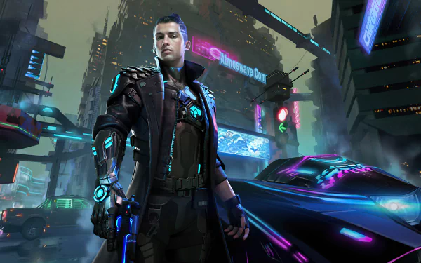 HD PC desktop wallpaper featuring Cristiano Ronaldo in a futuristic Garena Free Fire video game setting with neon cityscape and cybernetic elements.