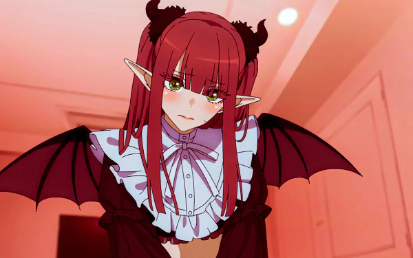 HD desktop wallpaper featuring Marin Kitagawa from the anime My Dress-Up Darling, dressed as a red-headed demon with bat wings and elf ears, set against a soft red background.