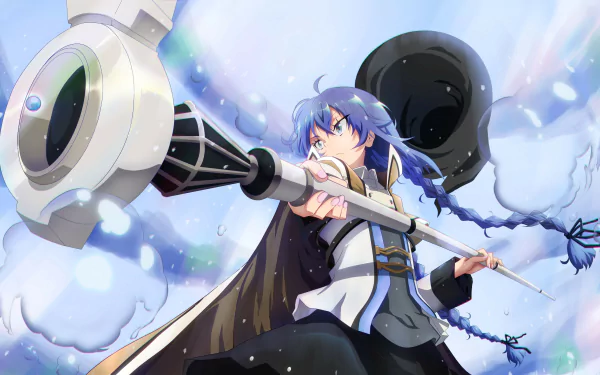 Roxy Migurdia from Mushoku Tensei: Jobless Reincarnation is depicted in vibrant anime style, aiming a large magical staff against a snowy, dynamic background, rendered in 4K Ultra HD.