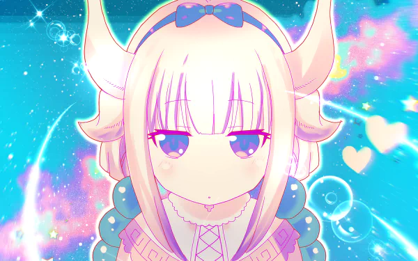 Kanna Kamui from Miss Kobayashi's Dragon Maid depicted in vibrant anime style against a colorful cosmic background, designed as a 4K Ultra HD PC desktop wallpaper.