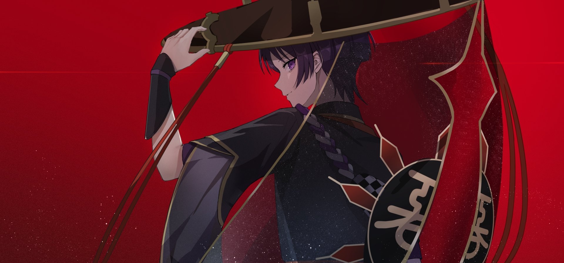 HD PC desktop wallpaper featuring Scaramouche from the video game Genshin Impact in a dynamic pose against a red background.