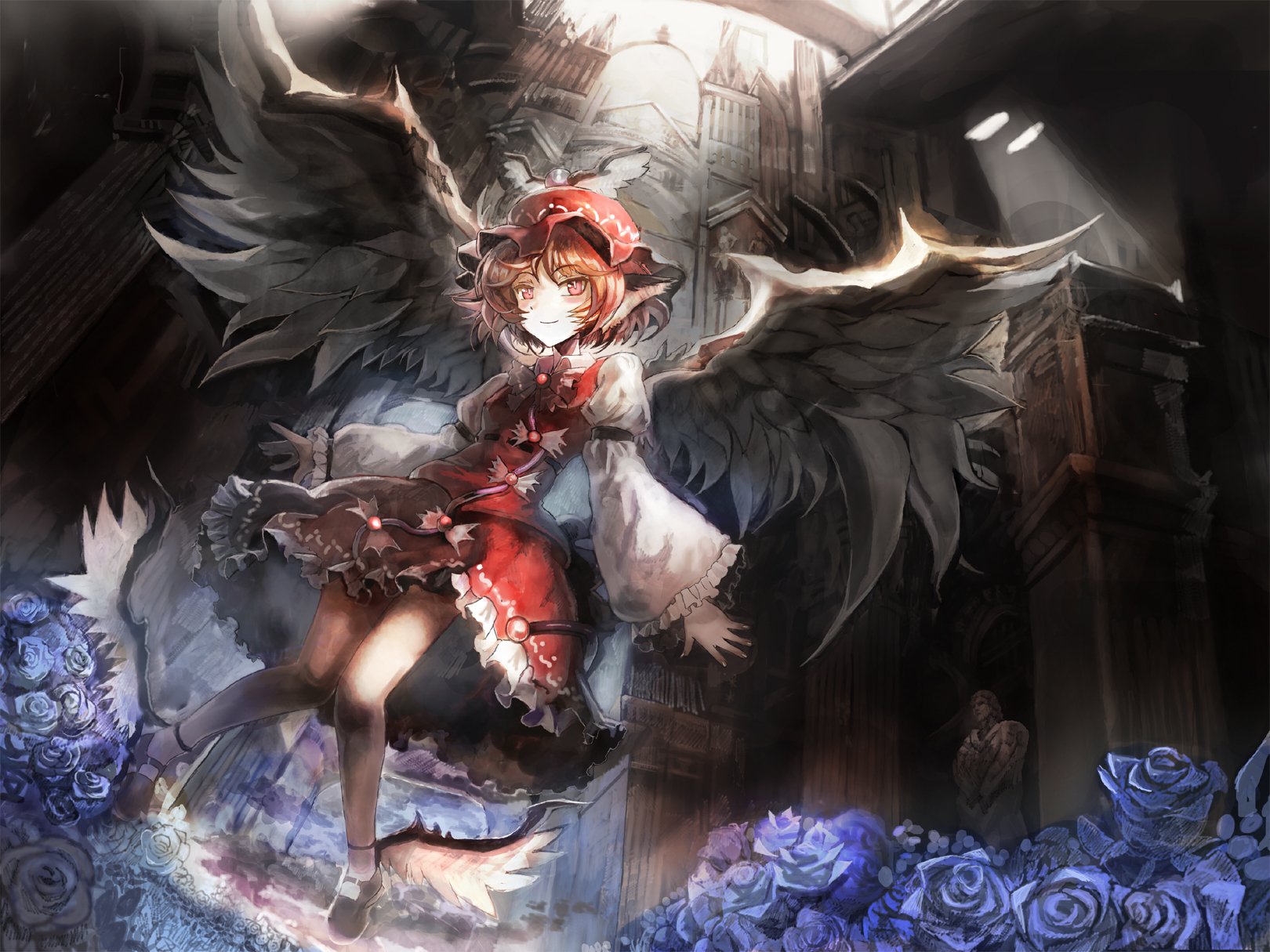 HD PC desktop wallpaper featuring Mystia Lorelei from Touhou, depicted with dark wings and a red outfit in a moody, atmospheric setting with blue flowers.
