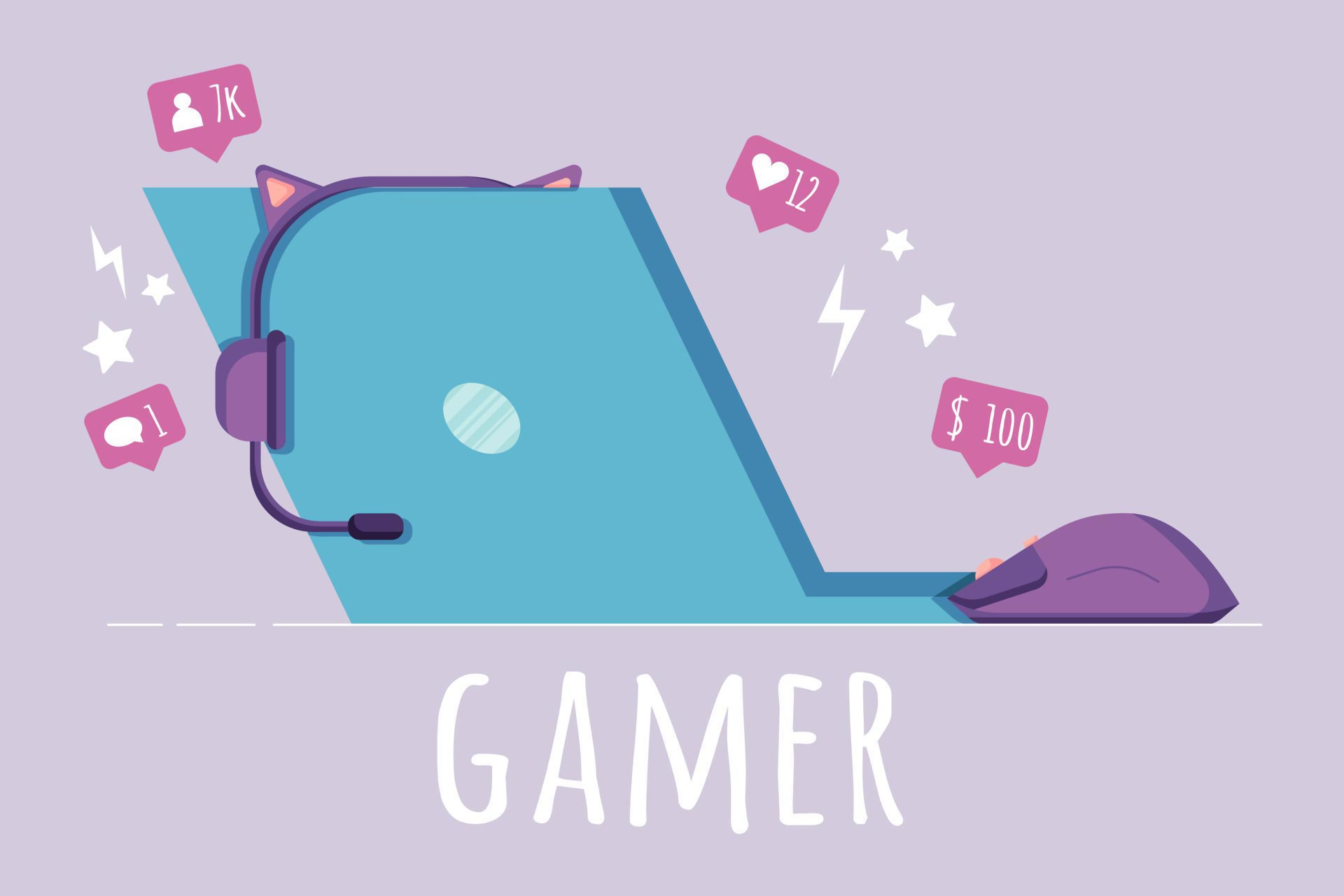 HD PC desktop wallpaper with a video game gamer theme: cat-ear headset, gaming mouse, floating like/notification icons and GAMER text on a pastel purple backdrop.