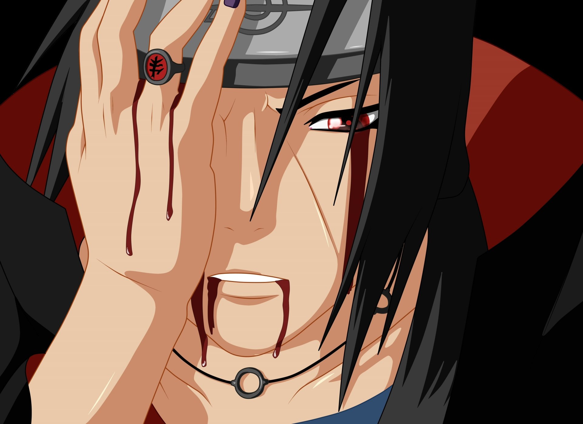 4K Ultra HD anime wallpaper featuring Itachi Uchiha from Naruto, showing him with blood dripping from his mouth and covering one eye with his hand.