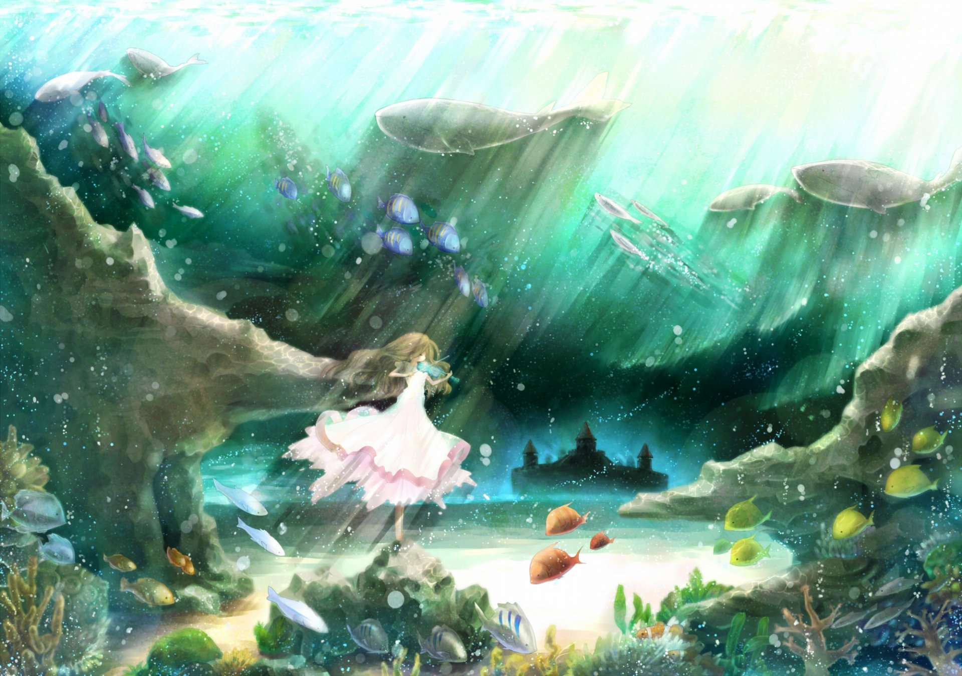 Anime-style underwater HD PC desktop wallpaper background: a girl in a white dress wanders a luminous seabed with coral, fish and whales gliding beneath sunlit shafts.