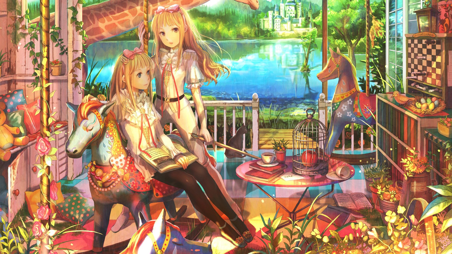 Two anime characters are seated together in a vibrant garden filled with lush greenery and colorful decor, set against a serene lake backdrop. An enchanting original HD wallpaper for desktops.