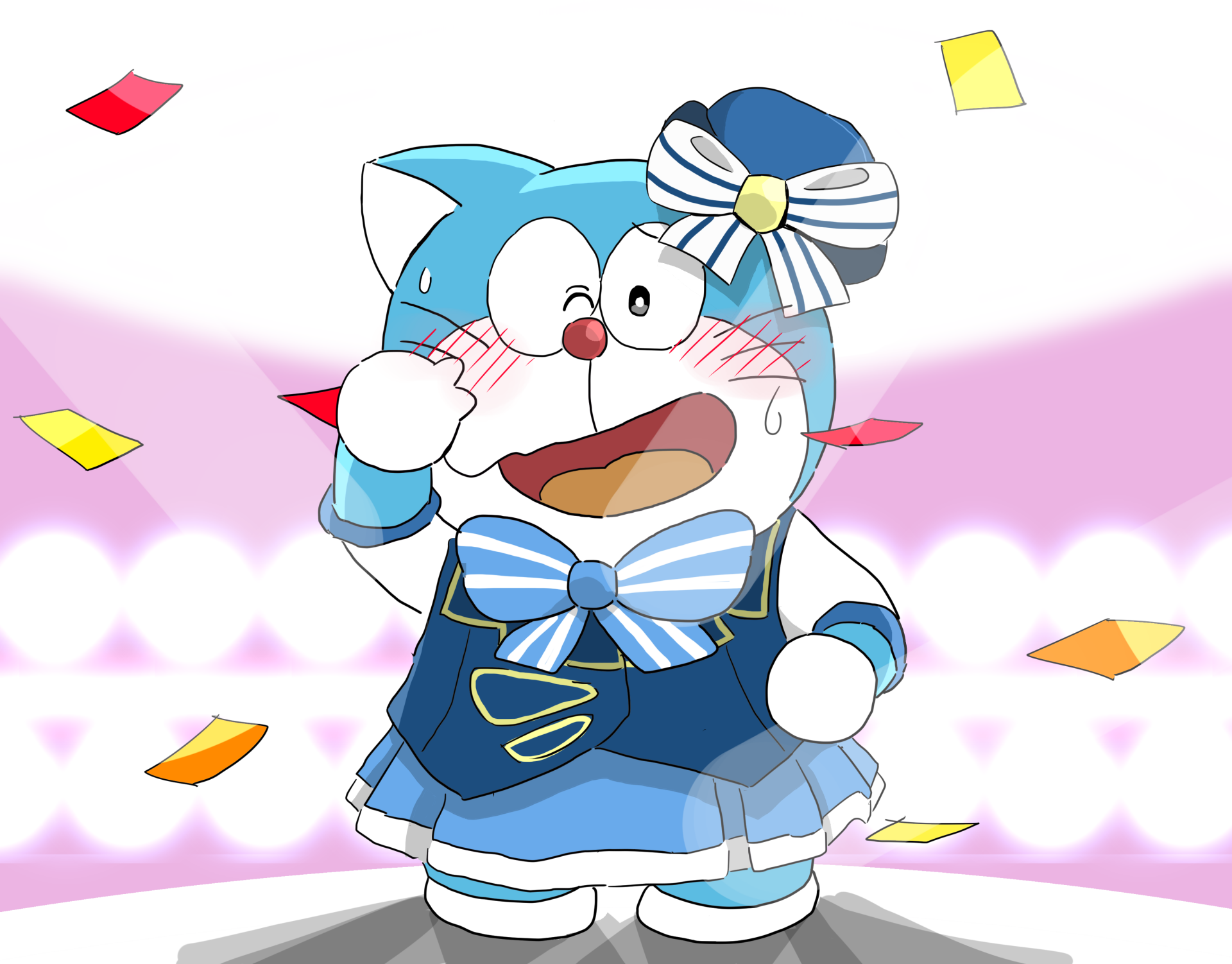 HD anime desktop wallpaper featuring Doraemon dressed in a cute sailor-style outfit with a bow, blushing and surrounded by colorful confetti on a soft pink background.