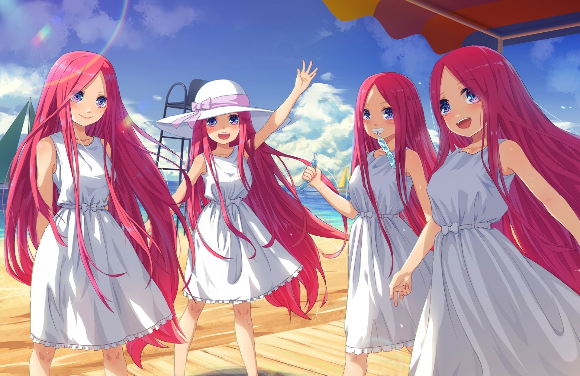 HD PC desktop wallpaper featuring the four Nakano sisters from the anime The Quintessential Quintuplets, dressed in white summer dresses under a bright blue sky.