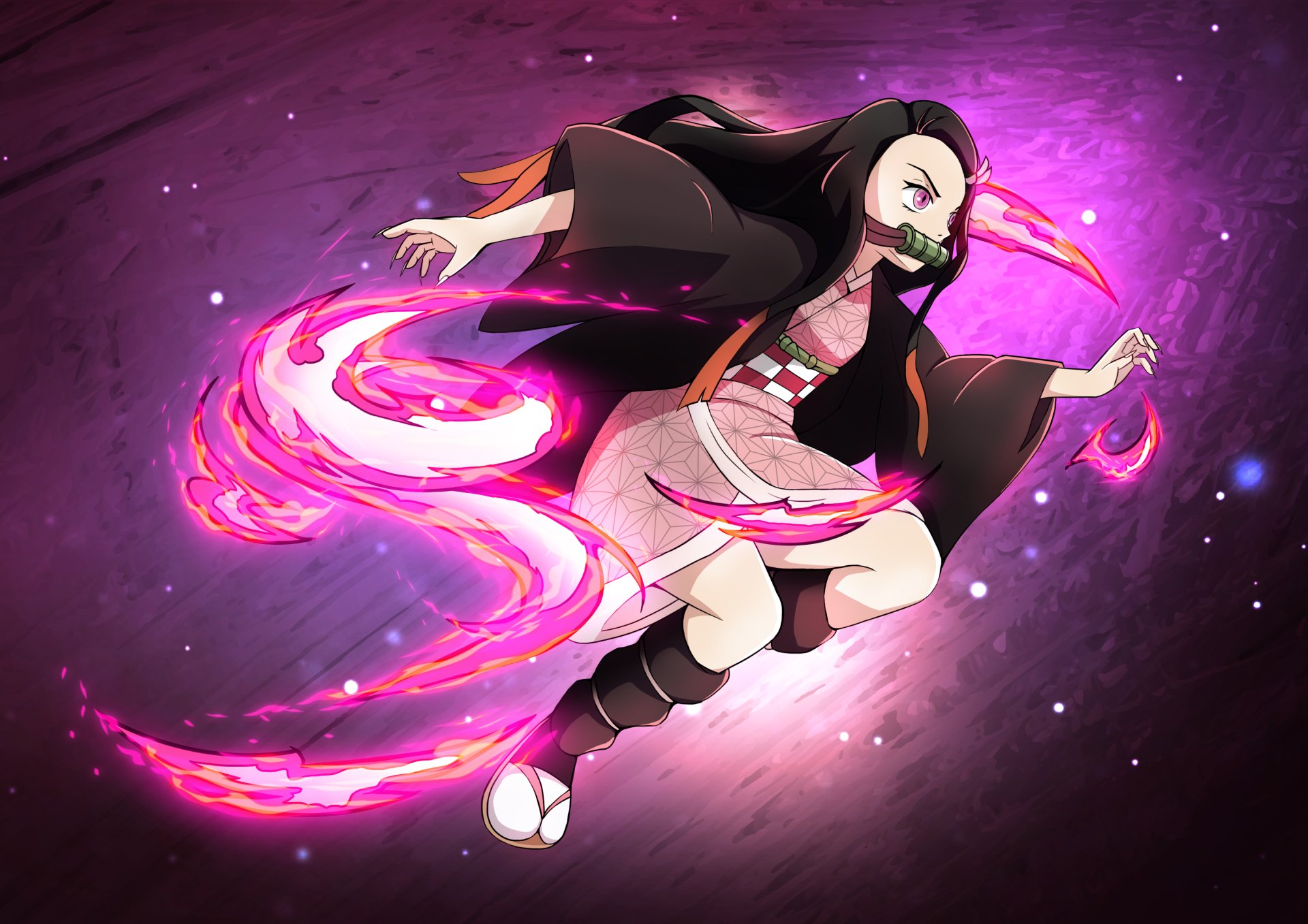 HD PC desktop wallpaper of Nezuko Kamado from Demon Slayer: Kimetsu no Yaiba, depicted in dynamic action with glowing pink flames surrounding her.