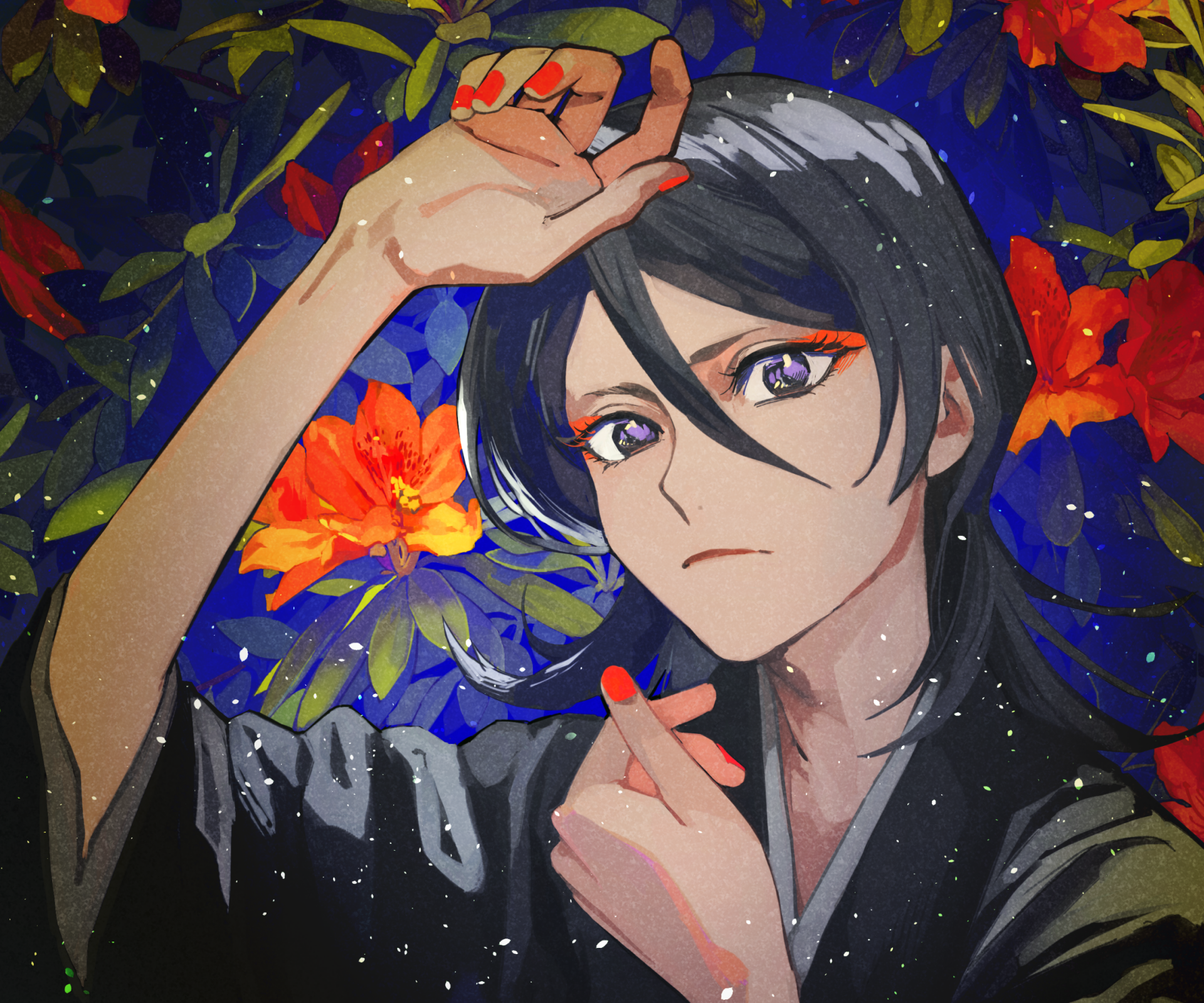 HD PC desktop wallpaper and background of Rukia Kuchiki from Bleach: close-up portrait with dark hair, red flowers and a starry blue night backdrop.